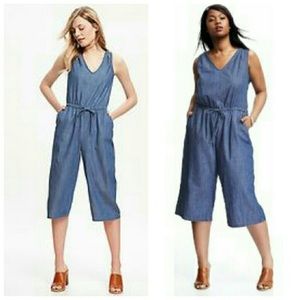 Denim jumpsuit with drawstring waist